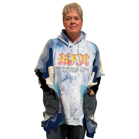 Fleece/crochet upcycled poncho with denim side pockets, ACDC, One-Size fits S-3X - Picture 1 of 3